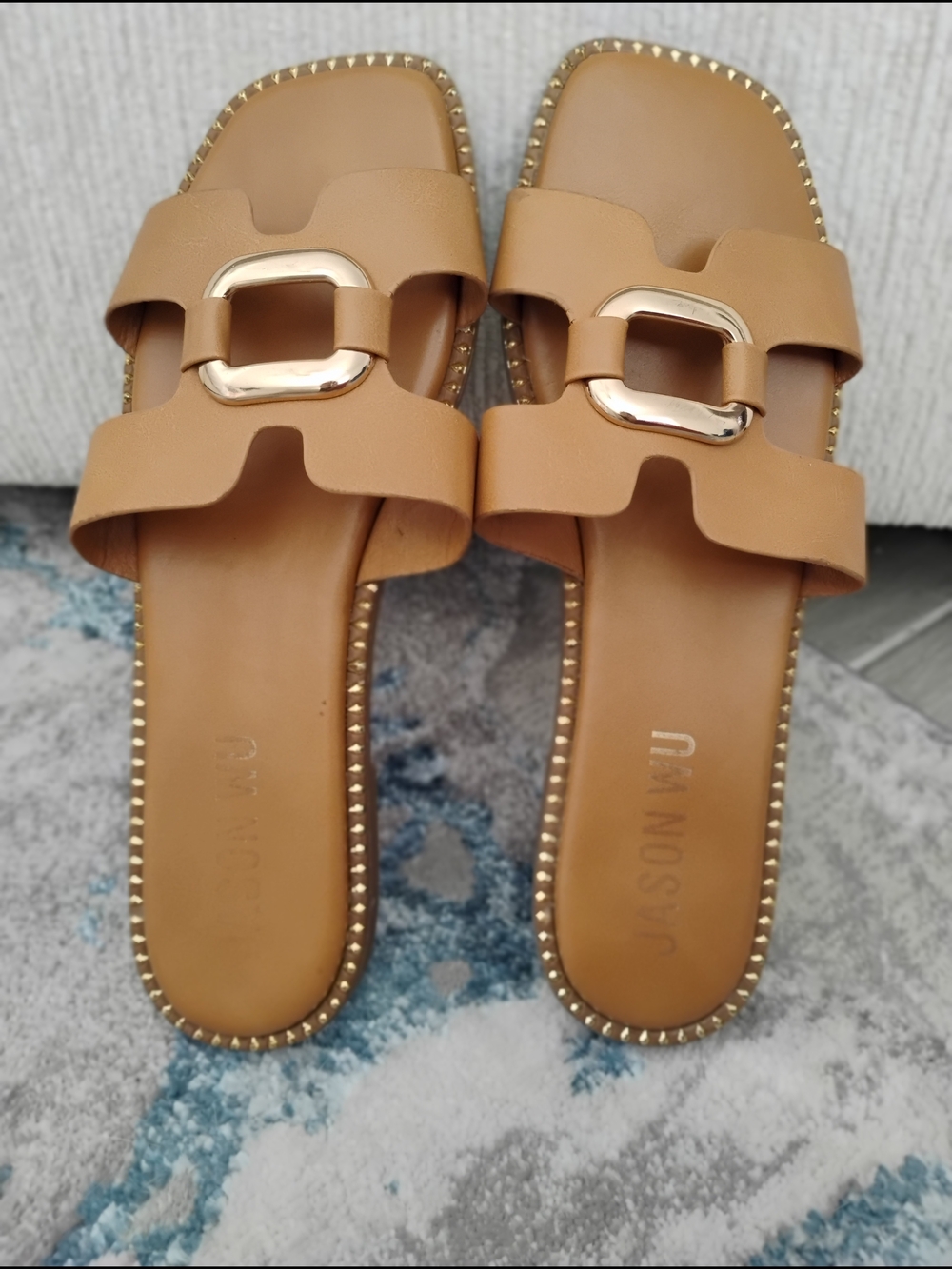 Jason Wu Tan Leather H-Strap Slide Sandals Gold Hardware Sz 9 - Picture 2 of 8